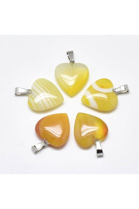 10 pc Natural Banded Agate/Striped Agate Pendants Dyed with Stainless Steel Snap On Bails Heart Stainless Steel Color Yellow 22~24x20~21x5~7mm Hole: 3~4x7~8.5mm