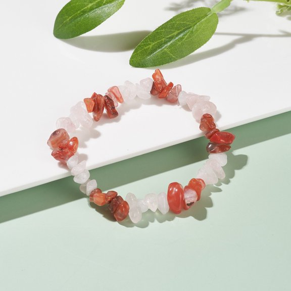 10 pc Natural Carnelian(Dyed) & Rose Quartz Chips Beads Stretch Bracelet for Women Inner Diameter: 1-7/8~2 inch(4.8~5cm)