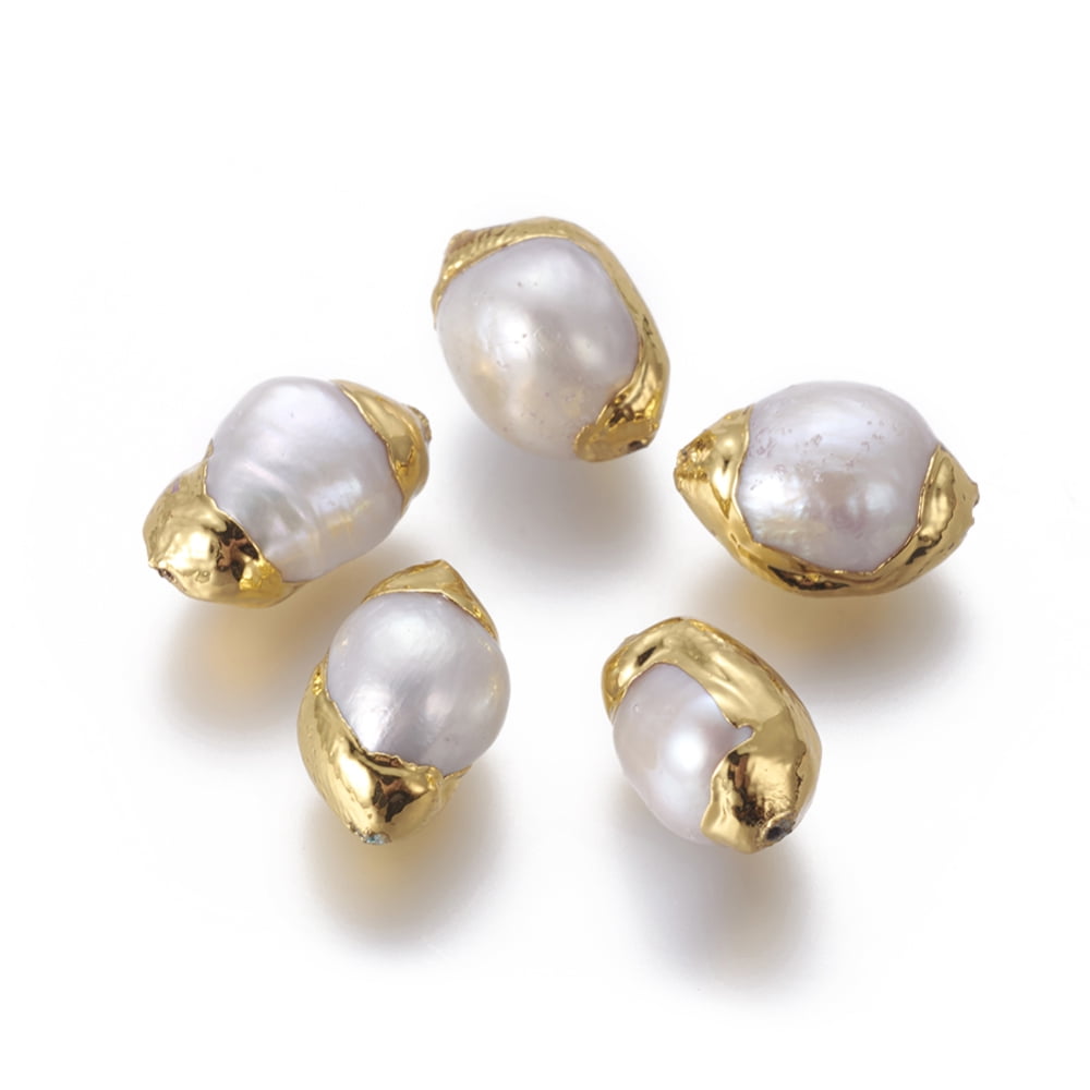 10 pc Natural Cultured Freshwater Pearl Beads with Brass Findings White Golden 14~22.5x10~14mm Hole: 0.8mm