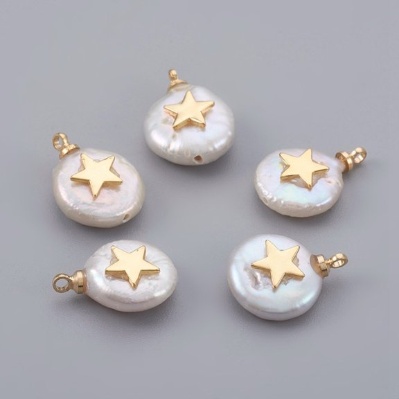 10 pc Natural Cultured Freshwater Pearl Pendants with Brass Findings Long-Lasting Plated Flat Round with Star Real 18K golden Plated 14~21x9~16x5~9mm Hole: 1.5mm