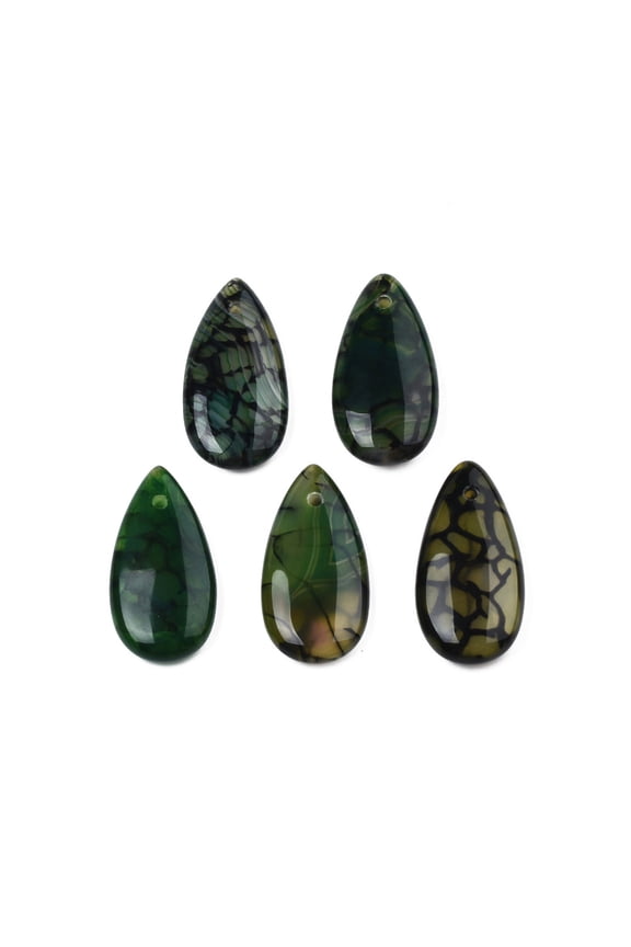 10 pc Natural Dragon Veins Agate Pendants Dyed & Heated Teardrop Charm Dark Green 29x15x5.5mm Hole: 1.6mm