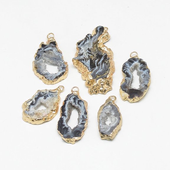 10 pc Natural Druzy Agate Slices Pendants with Golden Tone Iron Findings Dyed Nuggets Gray 20~60x13~50x4~8mm Hole: 1~4mm Natural Agate