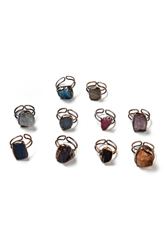 10 pc Natural Gemstone Irregular Nugget Open Cuff Rings Red Copper Plated Brass Wire Wrap Ring for Women Cadmium Free & Lead Free US Size 4 1/4(15mm) Mixed Stone