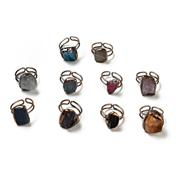 10 pc Natural Gemstone Irregular Nugget Open Cuff Rings Red Copper Plated Brass Wire Wrap Ring for Women Cadmium Free Lead Free US Size 4 1/4(15mm)