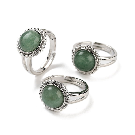 10 pc Natural Green Aventurine Round Adjustable Rings Platinum Plated Brass Finger Rings for Men Inner Diameter: 18mm