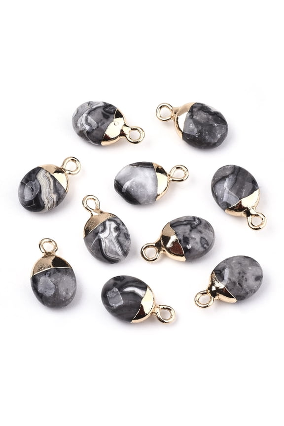 10 pc Natural Map Stone/Picasso Stone/Picasso Jasper Charms Top Light Gold Plated with Iron Loop Oval Faceted 14~15x8x5mm Hole: 1.8mm