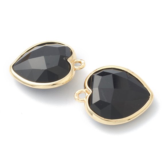 10 pc Natural Obsidian Pendants with Golden Brass Edge Faceted Heart 19x16.5x6~6.5mm Hole: 1.6mm
