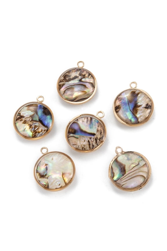 10 pc Natural Paua Shell Pendants with Golden Brass Findings Flat Round 16.5x14x5.5mm Hole: 1.5mm