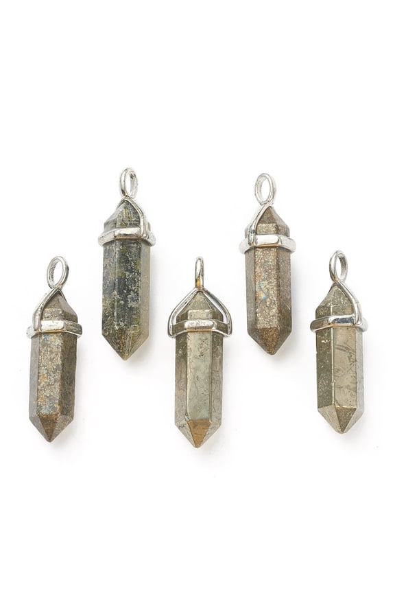 10 pc Natural Pyrite Pointed Pendants with Platinum Tone Brass Findings Bullet 39.5x12x11.5mm Hole: 4.5x2.8mm