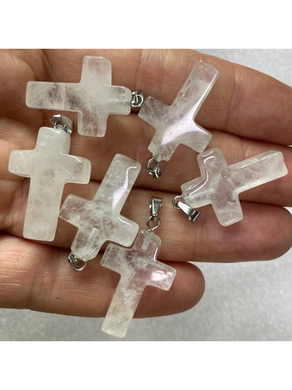 10 pc Natural Quartz Pendants Rock Pendants with Platinum Tone Brass Findings Cross 25x18mm