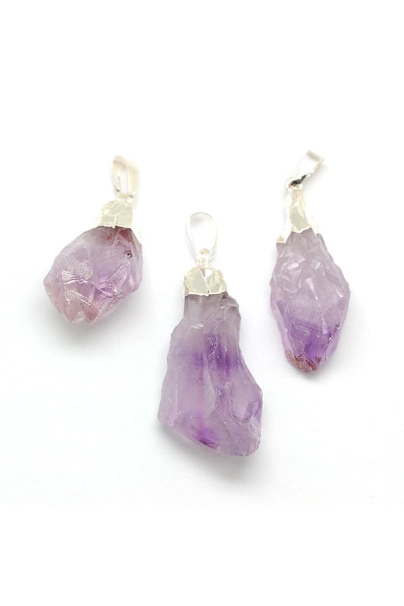 10 pc Natural Raw Rough Gemstone Amethyst Pendants with Silver color Plated Brass Findings Irregular Nuggets 28~45x15~17x12~16mm Hole: 8x5mm