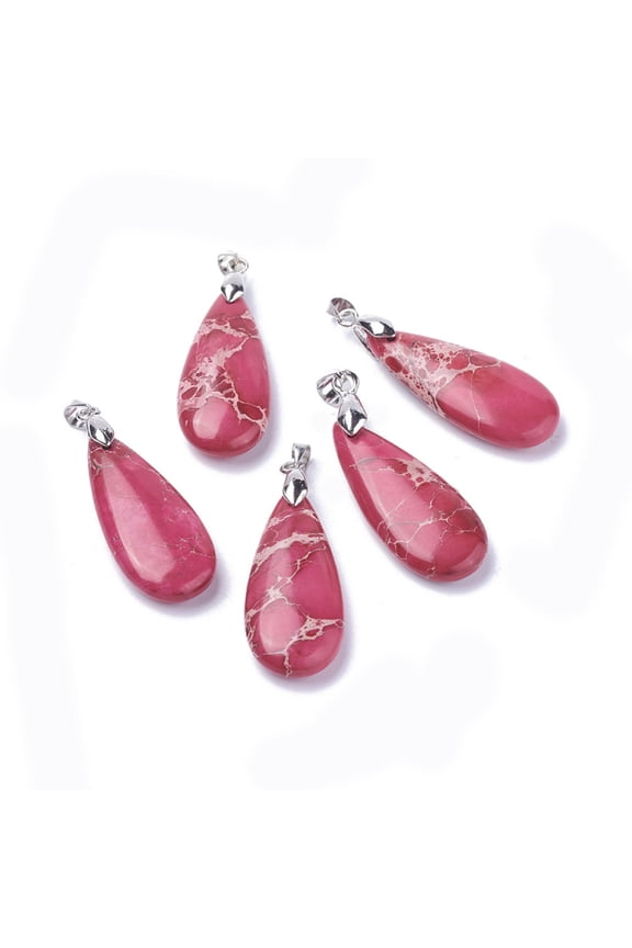 10 pc Natural Regalite/Imperial Jasper/Sea Sediment Jasper Pendants Dyed with Platinum Tone Brass Findings teardrop Deep Pink 35~35.5x15~15.5x6.5~7.2mm Hole: 4x4.2mm