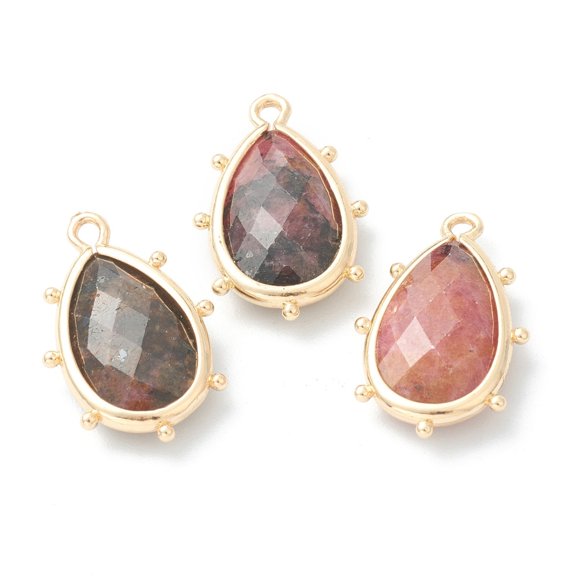 10 pc Natural Rhodochrosite Pendants with Golden Brass Edge Faceted Teardrop 22.5x14x5.5mm Hole: 1.6mm