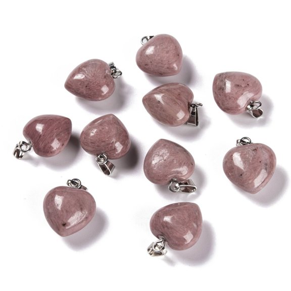 10 pc Natural Rhodonite Pendants with Platinum Brass Loops Heart 18~19x15~15.5x7~10mm Hole: 6x2.5~3mm