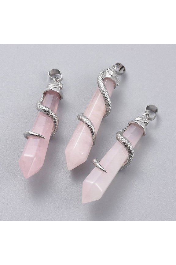 10 pc Natural Rose Quartz Big Pointed Pendants with Platinum Plated Brass Bails Faceted Bullet with Snake 59~61.5x11~12x11~12mm Hole: 5x8mm