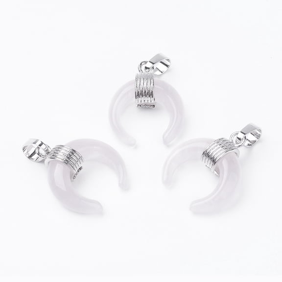 10 pc Natural Rose Quartz Pendants with Brass Findings Double Horn/Crescent Moon Platinum 22~23x19~20x9mm Hole: 5x7mm
