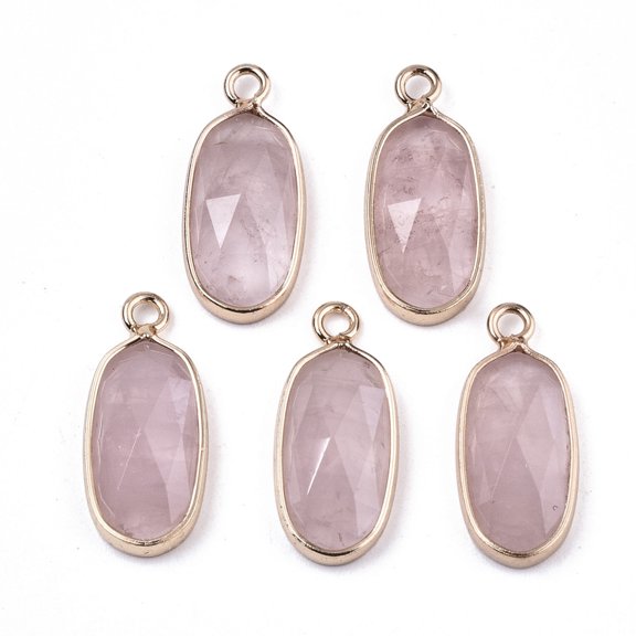 10 pc Natural Rose Quartz Pendants with Light golden Plated Brass Edge and Loop Oval Faceted 18x8x4mm Hole: 1.6mm