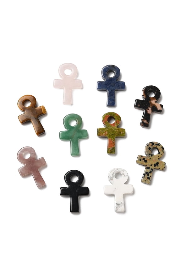 10 pc Natural & Synthetic Mixed Gemstone Pendants Ankh Cross Charms 29.5~30x20x5~5.5mm Hole: 5mm