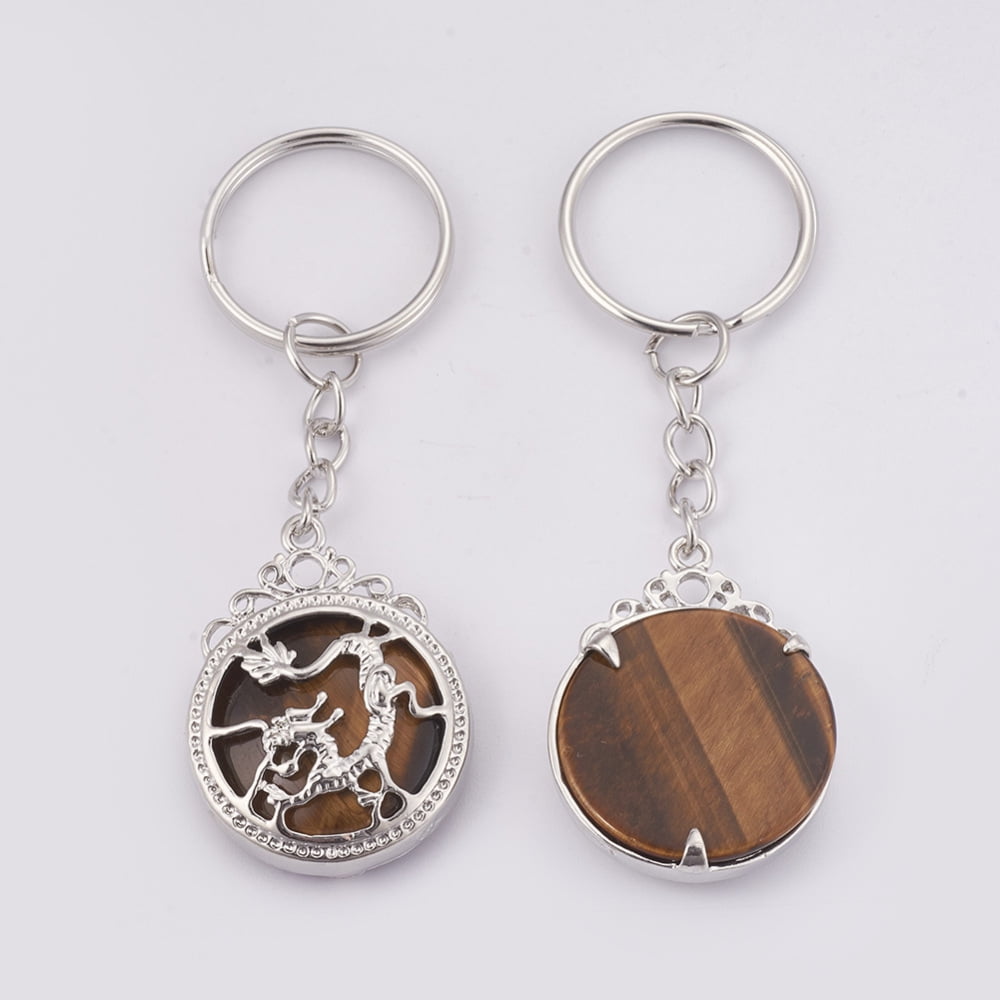 10 pc Natural Tiger Eye Keychain with Iron Key Rings Flat Round with Dragon Platinum 80mm Pendant: 34.5x26x8.5mm