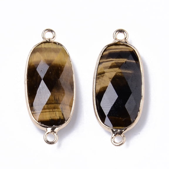 10 pc Natural Tiger Eye Links Connectors with Light golden Plated Edge Brass Loops Oval Faceted 27x11x5.5mm Hole: 2mm