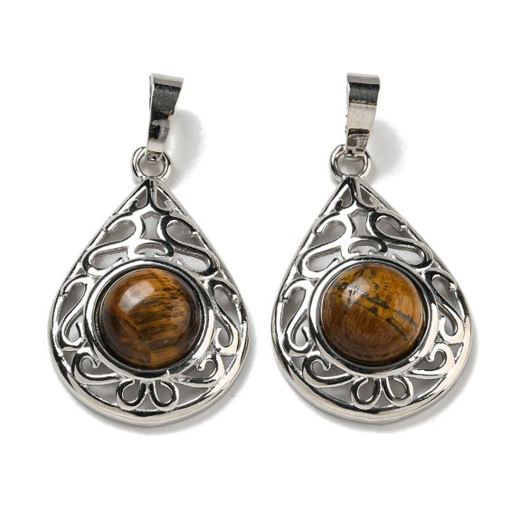 10 pc Natural Tiger Eye Pendants Rack Plating Brass Hollow Teardrop Charms Cadmium Free Lead Free Platinum 29.5x19.5x7.5mm Hole: 7.5x5mm