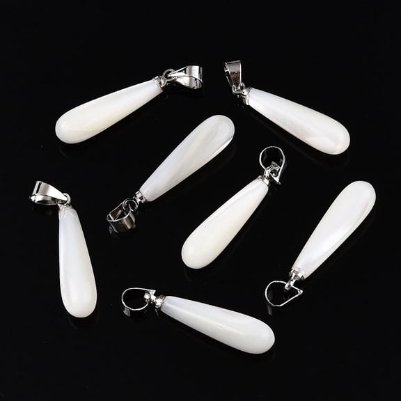 10 pc Natural Trochid Shell/Trochus Pendants with Platinum Plated Brass Snap on Bails Teardrop White 23x6mm Hole: 3.5x5mm