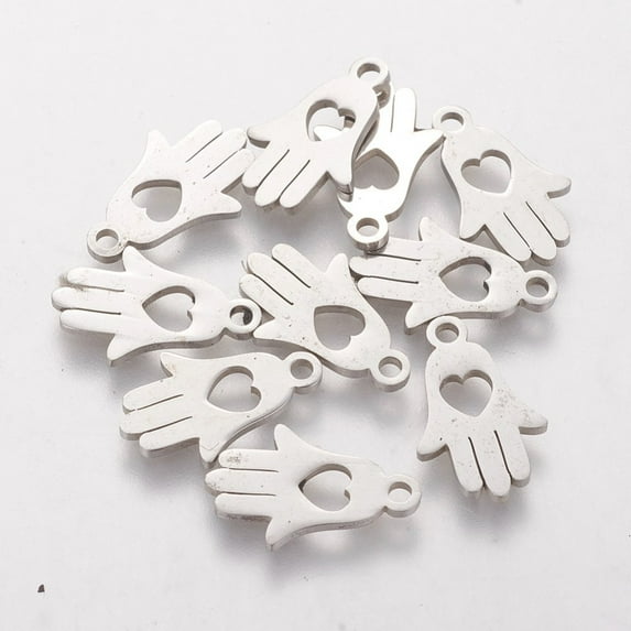 10 pc Non-Tarnish 304 Stainless Steel Charms Laser Cut Hamsa Hand/Hand of Fatima/Hand of Miriam with Heart Stainless Steel color 15x9.5x1.2mm Hole: 1mm