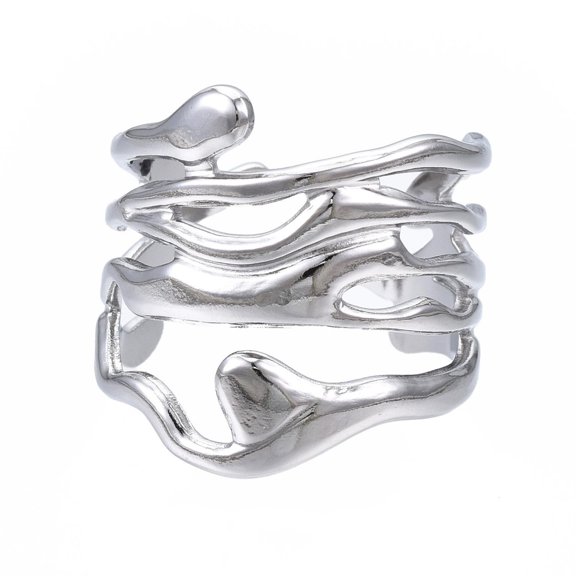 10 pc Non-Tarnish 304 Stainless Steel Wave Open Cuff Ring Chunky Hollow Ring for Women Stainless Steel Color US Size 7(17.3mm)