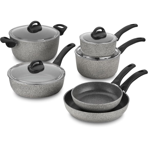 10-pc Nonstick Pot and Pan Set, Made in Italy, Set includes fry pans, saucepans, saut pan and Dutch oven with lid,Gray