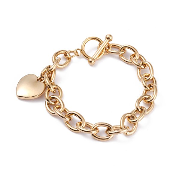 10 pc PVD Vacuum Plating 304 Stainless Steel Charm Bracelets Long-Lasting Plated with Toggle Clasps Heart Golden 8 inch(20.2cm)