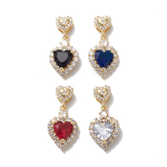 10 pc Rack Plating Brass Cubic Zirconia Pendants with Glass Rhinestone Long-Lasting Plated Cadmium Free Lead Free Real 18K golden Plated Heart Charm Mixed color 26x13x6mm Hole: 1.6x2mm