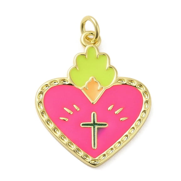 10 pc Rack Plating Brass Enamel Pendants with Jump Ring Long-Lasting Plated Cadmium Free Lead Free Real 18K golden Plated Heart with Charm Hot Pink 27x21x1.5mm Hole: 3mm