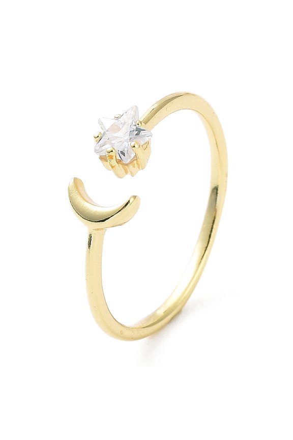 10 pc Rack Plating Brass Micro Pave Clear Cubic Zirconia Cuff Rings Moon Open Ring for Women Long-Lasting Plated Golden 1.5mm Inner Diameter: 16mm