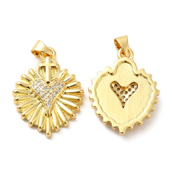 10 pc Rack Plating Brass Micro Pave Clear Cubic Zirconia Pendants Long-Lasting Plated Cadmium Free Lead Free Heart with Cross Charm Real 18K golden Plated 24x18x3.5mm Hole: 5x3mm