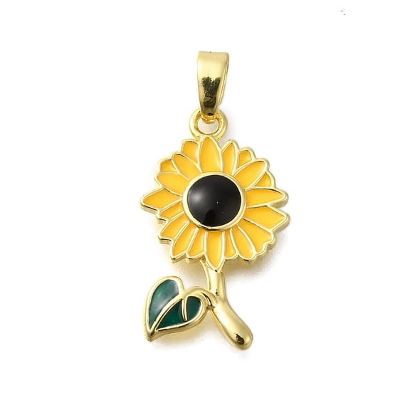 10 pc Rack Plating Brass Pendants with Enamel Lead Free & Cadmium Free Long-Lasting Plated Sunflower Charm Real 18K golden Plated 22x13x2mm Hole: 4.5x2mm