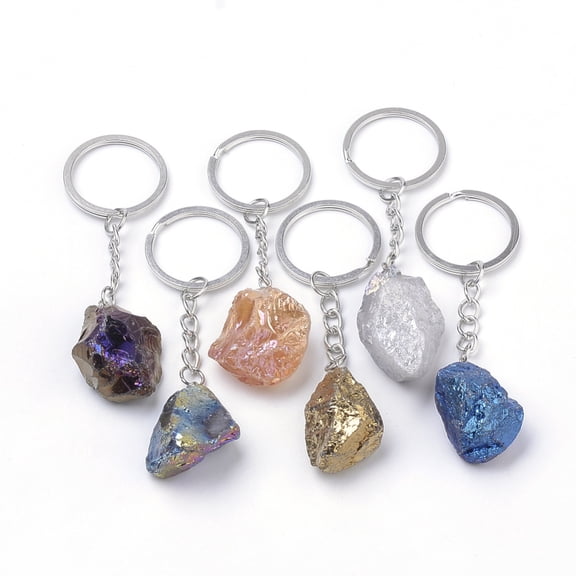 10 pc Rainbow Plated Natural Quartz Keychain with Iron Findings Nuggets Platinum Mixed color 86~98mm