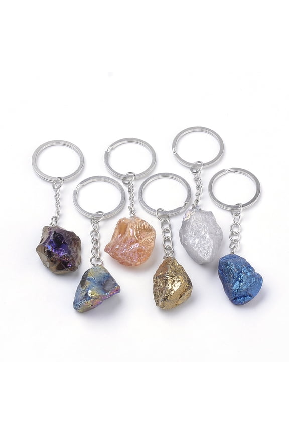 10 pc Rainbow Plated Natural Quartz Keychain with Iron Findings Nuggets Platinum Mixed color 86~98mm