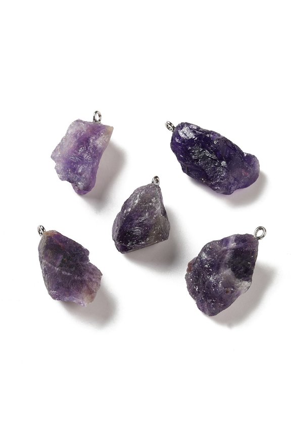 10 pc Raw Rough Natural Amethyst Pendants Nuggets Charms with Platinum Plated Iron Loops 21~34.5x15~25.5x10~17mm Hole: 2mm