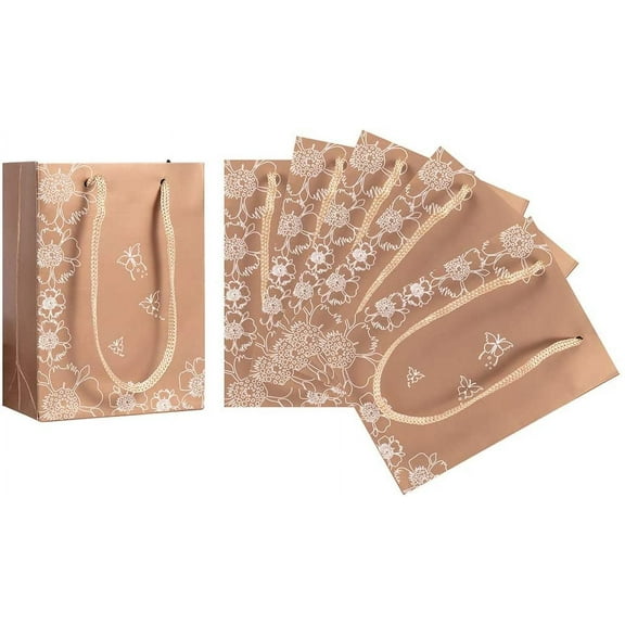 10 pc Rectangle Flower and Butterfly Pattern Cardboard Paper Bags Gift Bags Shopping Bags with Nylon Cord Handles BurlyWood 15x11x6cm