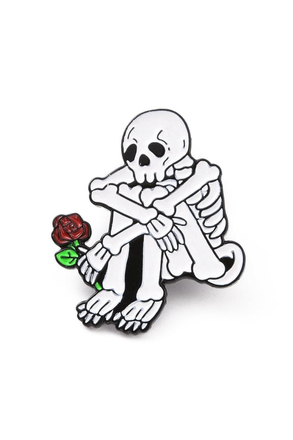 10 pc Sad Skeleton with Rose Enamel Pin Electrophoresis Black Plated Alloy Badge for Backpack Clothes White 30.5x25.5x1.5mm Alloy+Enamel
