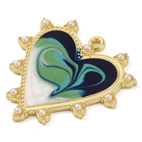 10 pc Smudge Pattern Alloy Pendants With ABS Imitation Pearls Heart Charms Teal 33x33x3.5mm Hole: 1.8mm