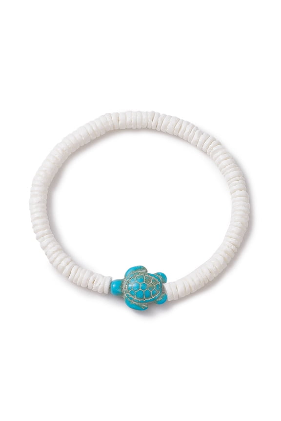 10 pc Summer Beach Sea Turtle Dyed Turquoise Bead Bracelets Disc Sea Shell Beaded Stretch Bracelets for Women White Inner Diameter: 2-1/8 inch(5.4cm)