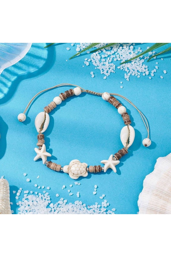 10 pc Summer Beach Starfish Turtle Adjustable Anklets Dyed Turquoise & Shell WhiteSmoke Inner Diameter: 1-3/4 inch(45mm)~3-1/2 inch(88mm)