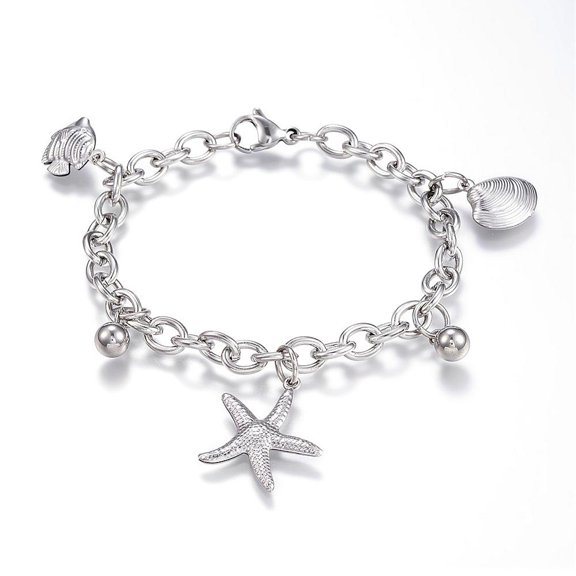 10 pc Tarnish Resistant 304 Stainless Steel Charm Bracelets Starfish/Sea Stars Shell Stainless Steel color 7-1/2 inch(190mm)x6mm