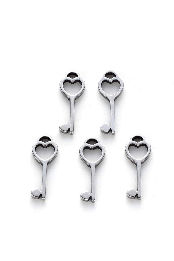 10 pc Tarnish Resistant 304 Stainless Steel Charms Laser Cut Key Stainless Steel Color 15x5.5x1mm Hole: 1.4mm