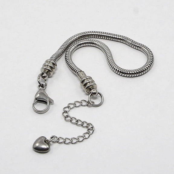 10 pc Resistant 304 Stainless Steel European Round Snake Chains Bracelets with Lobster Claw Clasp and Heart Charms Stainless Steel Color 160x3mm