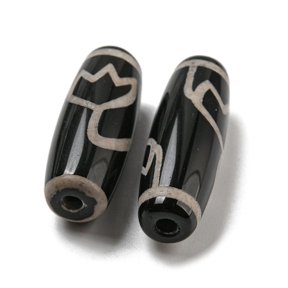 10 pc Tibetan style dZi Beads Strands Natural Dyed Agate Beads Rice Black Lotus Pattern 28.5~30x10mm Hole: 2~2.5mm