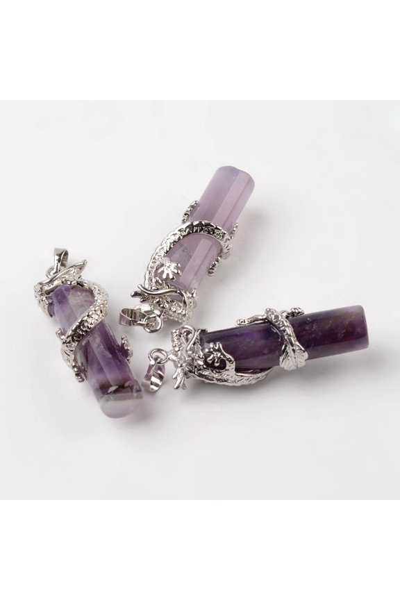 10 pc Tube Natural Amethyst Pendants with Dragon Brass Findings Platinum 48x15x10mm Hole: 7x5mm