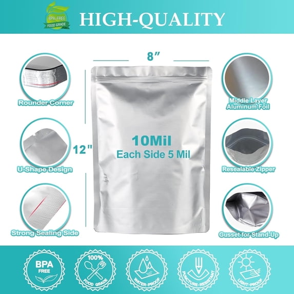 10 pcs 2 Quart Mylar Bags for Food Storage, 8"x12" 10 Mil Stand-Up Zipper Pouches Resealable and Heat Sealable for Long Term Food Storage(8"x12", Extra Thick)