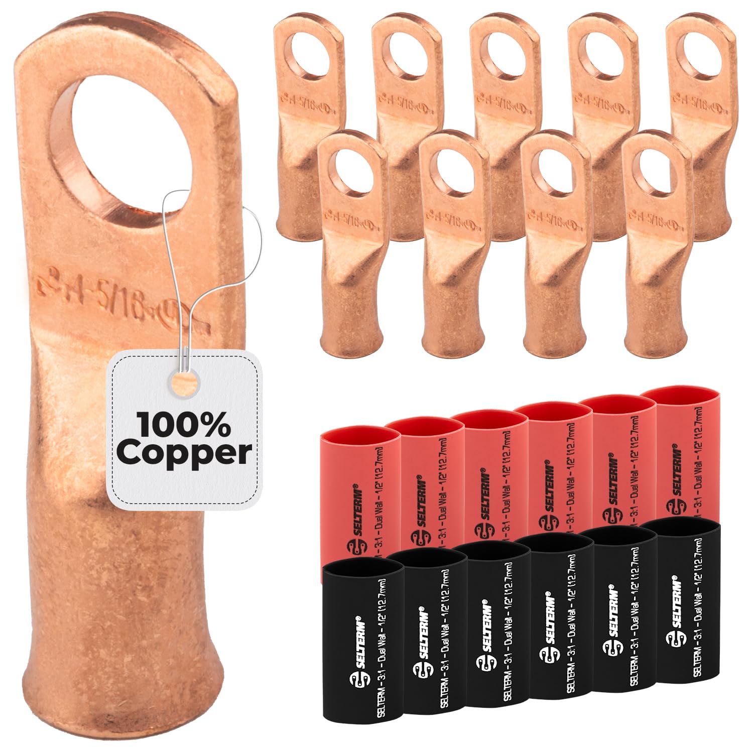 10 pcs - 4-5/16 inch studs - battery clamp - ring terminal connectors | comes with 12 pcs 3:1 black and red heat shrink tubes with adhesive | heavy duty battery cable terminals - bare copper wire cla